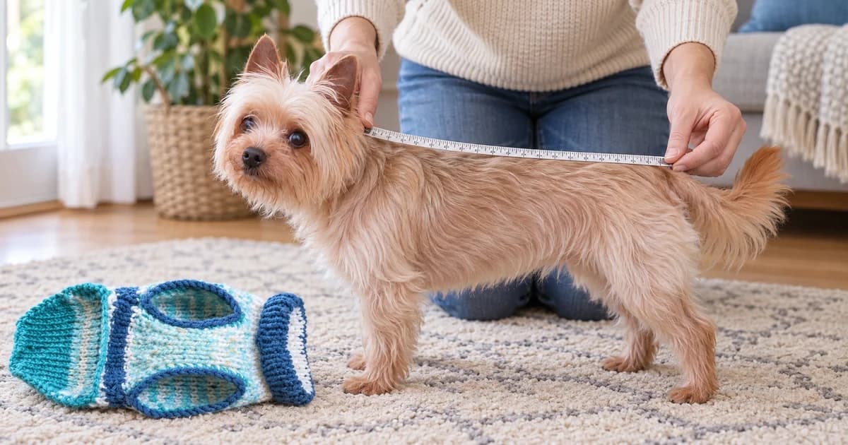A small tan dog stands while an owner holds a flexible tape along its back, with a knitted sweater beside it.