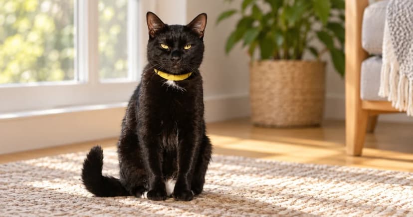 A black cat sits calmly indoors wearing a plain yellow collar.