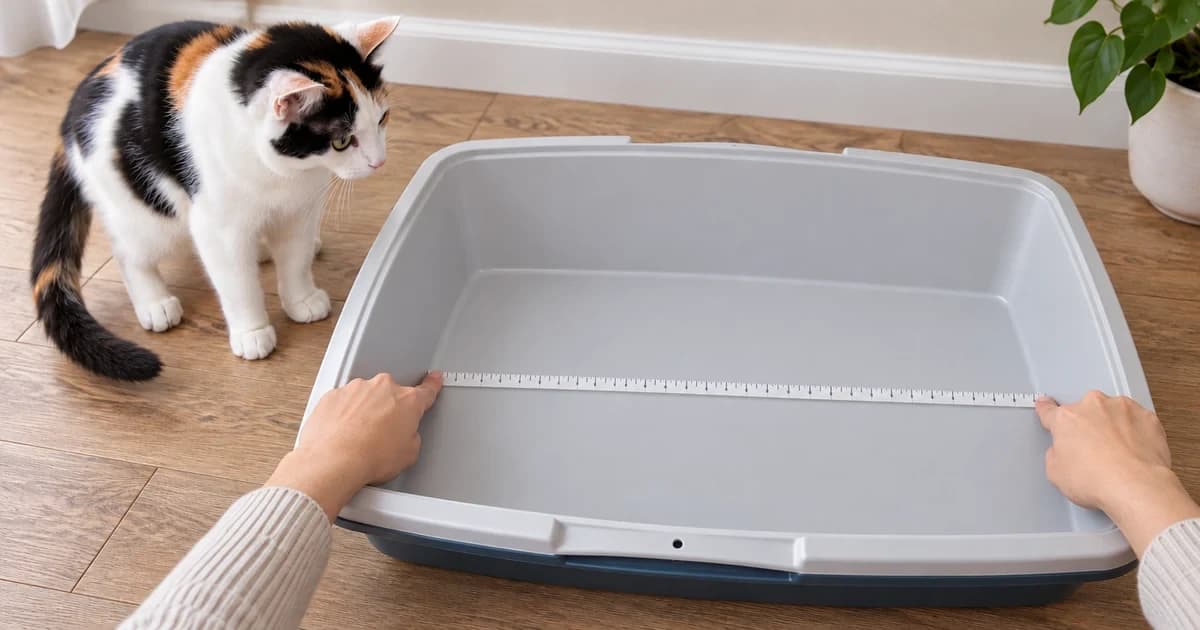 Two hands measure the inside floor length of an empty open litter box, with a calico cat standing beside it.