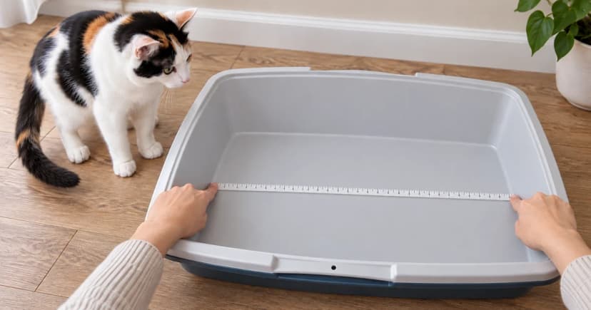 Two hands measure the inside floor length of an empty open litter box, with a calico cat standing beside it.