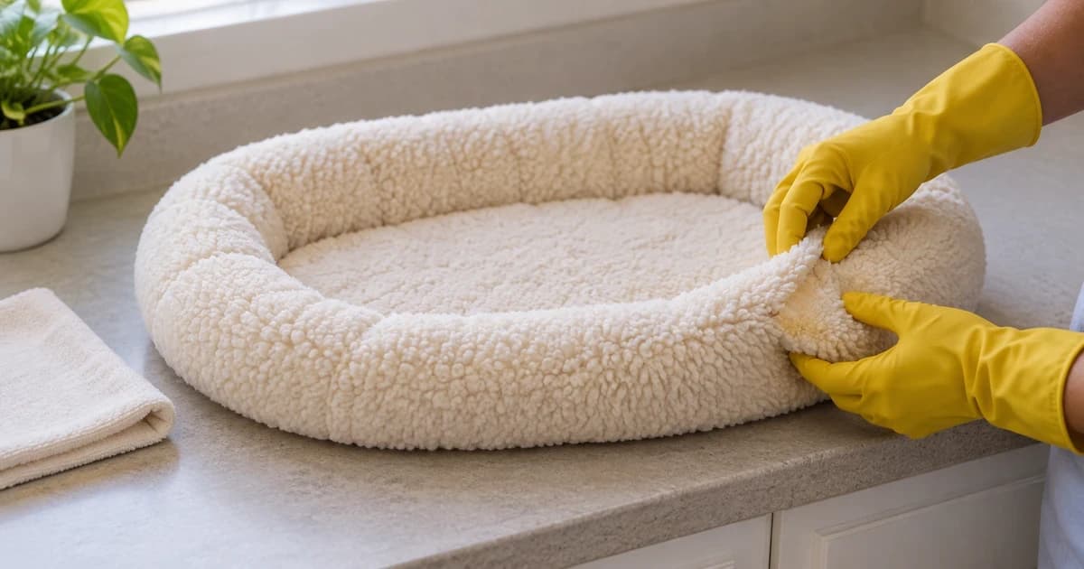 Yellow-gloved hands inspect the edge seam of an empty cream fleece cat bed on a utility counter.