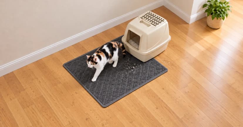A calico cat walks across a textured mat in front of a covered litter box, with a few loose grains visible.