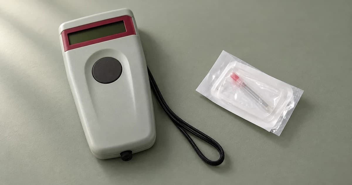 A gray handheld microchip reader with a blank display beside a packaged capped applicator on a sage-gray tabletop.