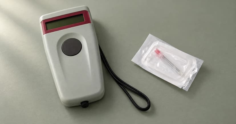 A gray handheld microchip reader with a blank display beside a packaged capped applicator on a sage-gray tabletop.