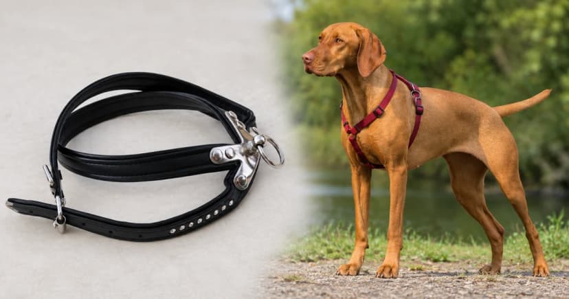 Two separate views show a laid-out black leather harness and a standing Vizsla wearing a burgundy harness.