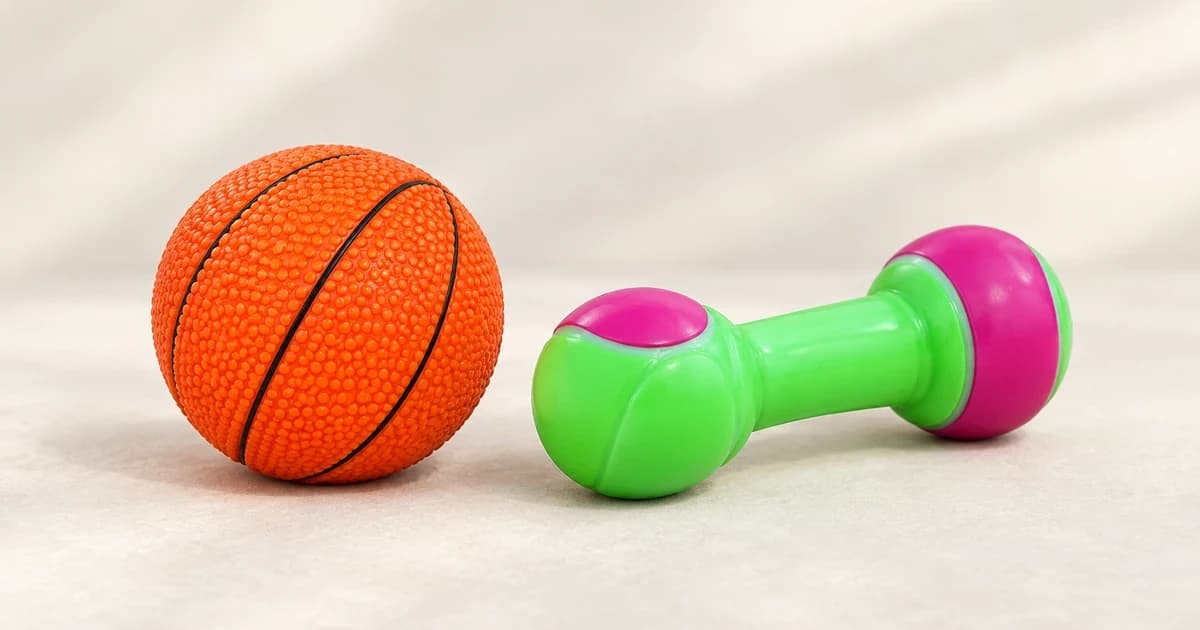 An orange textured ball and a green-and-magenta dumbbell-shaped toy rest on a pale surface.