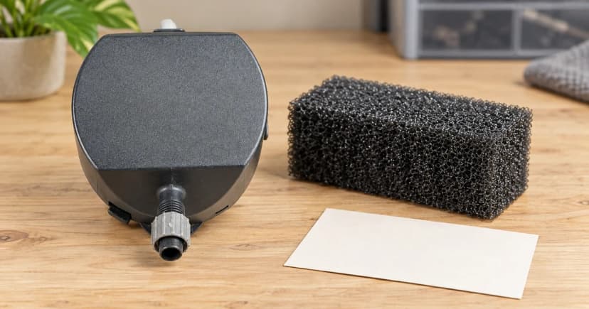 Generic aquarium pump casing and separate black foam block beside a blank maintenance-note card on a dry tabletop.