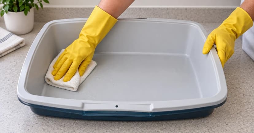 Yellow-gloved hands steady and wipe the inside bottom of an empty gray litter tray.
