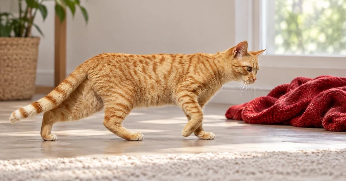 An orange tabby without clothing stands near a separately folded red textile in a quiet indoor scene.