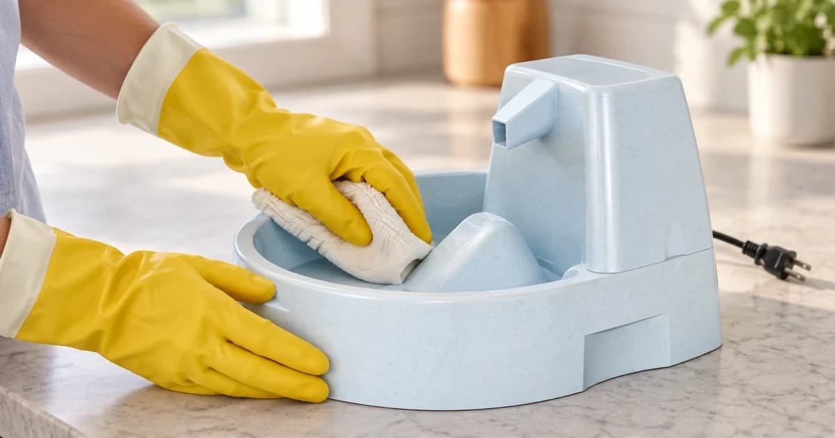 A gloved hand wipes the empty basin of an unplugged pet water fountain with a soft cloth.