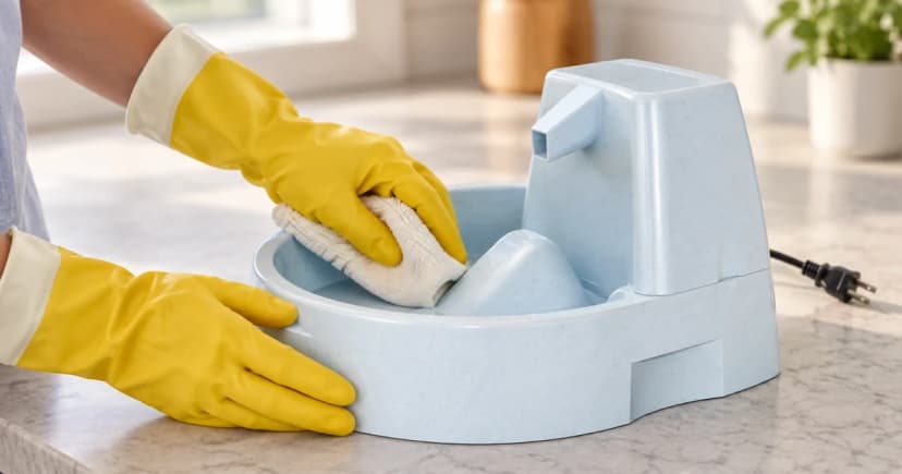 A gloved hand wipes the empty basin of an unplugged pet water fountain with a soft cloth.
