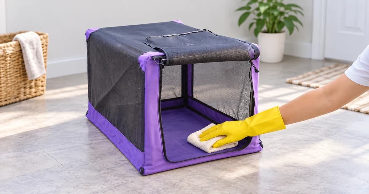 Yellow-gloved hand rests a folded cloth on the floor inside an empty purple and black soft dog crate.