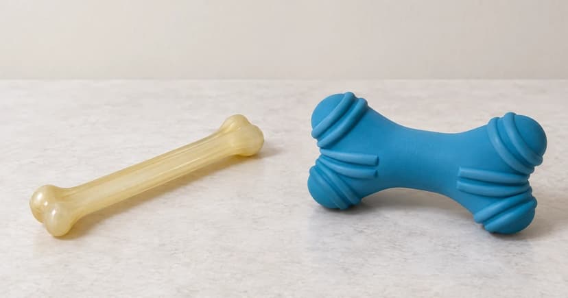 Photo-based edited illustration of separate pale elongated and blue ridged bone-shaped toy forms on a plain table
