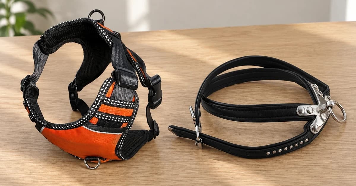 An orange padded harness and a black leather harness show different visible metal connection features.