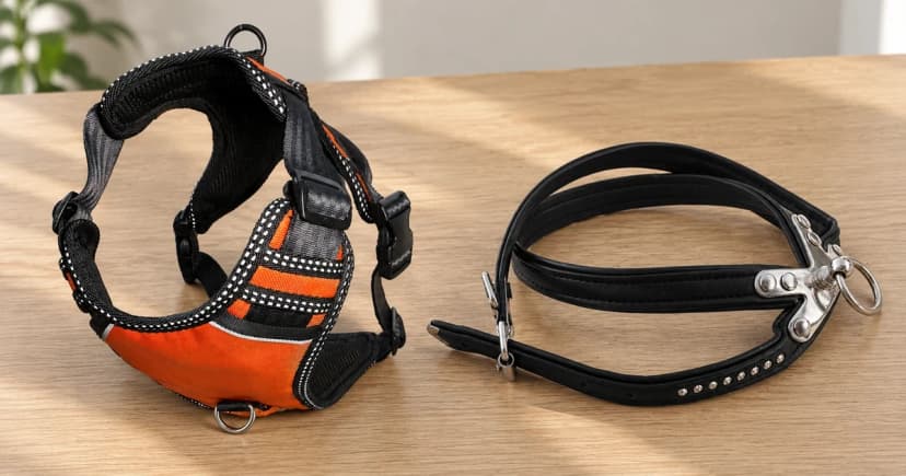 An orange padded harness and a black leather harness show different visible metal connection features.