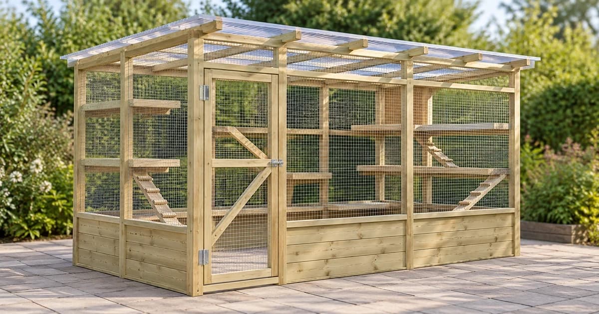 Edited illustration of an empty timber-and-mesh catio with a human access door, roof and shelves