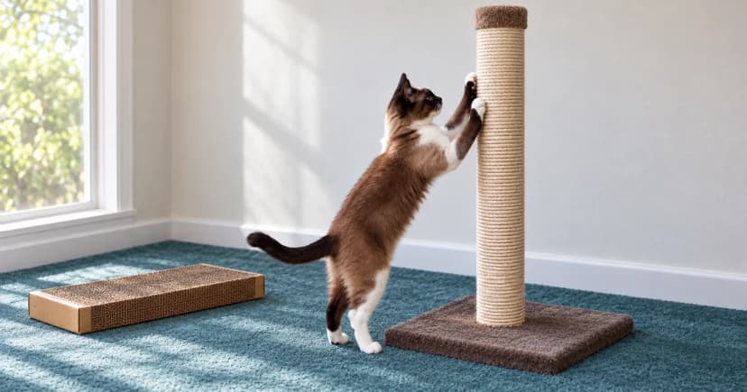 A brown-and-white cat stretches with its forepaws against a sisal upright, with the full base visible and a horizontal cardboard pad nearby.