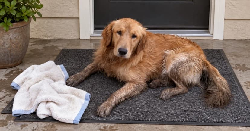A muddy golden retriever rests beside a clean white towel at a doorway cleanup station.