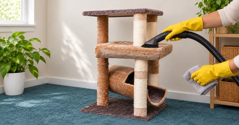 A gloved hand holds a vacuum brush against a carpeted cat-tree platform, with rope-wrapped posts kept separate.