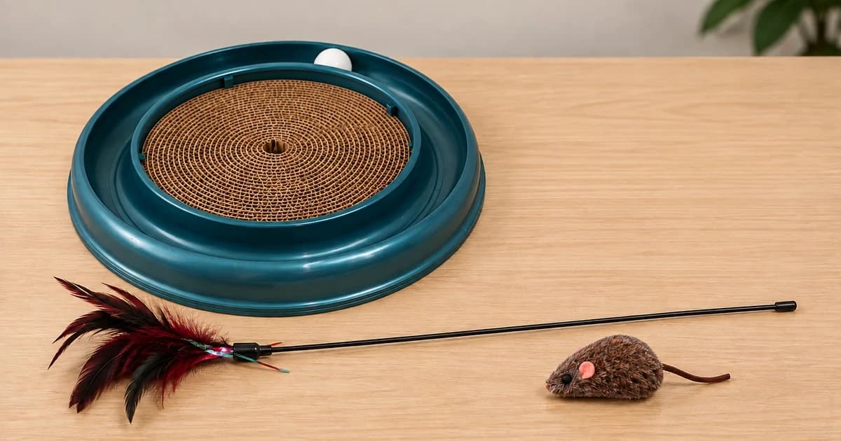 A plastic ball-track toy with a cardboard insert sits separately from a feather wand and a small fabric toy on a dry table.