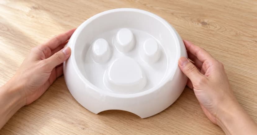 Two hands hold an empty white slow-feeder bowl, showing the raised shapes inside.