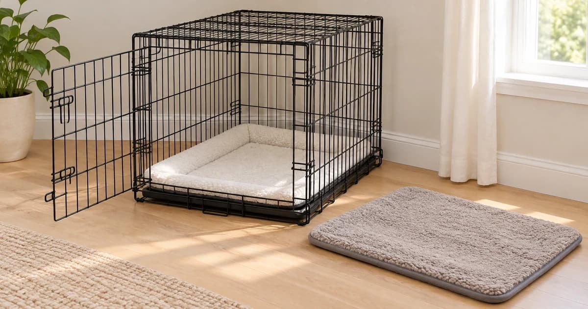 Edited illustration of an empty wire crate with its door wide open and a separate unobstructed resting mat