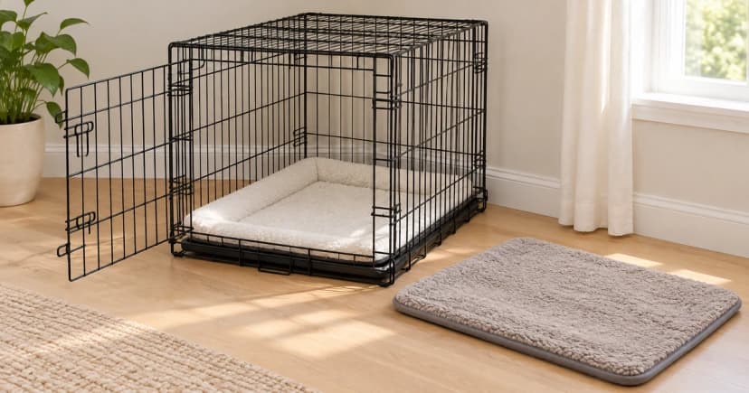 Edited illustration of an empty wire crate with its door wide open and a separate unobstructed resting mat