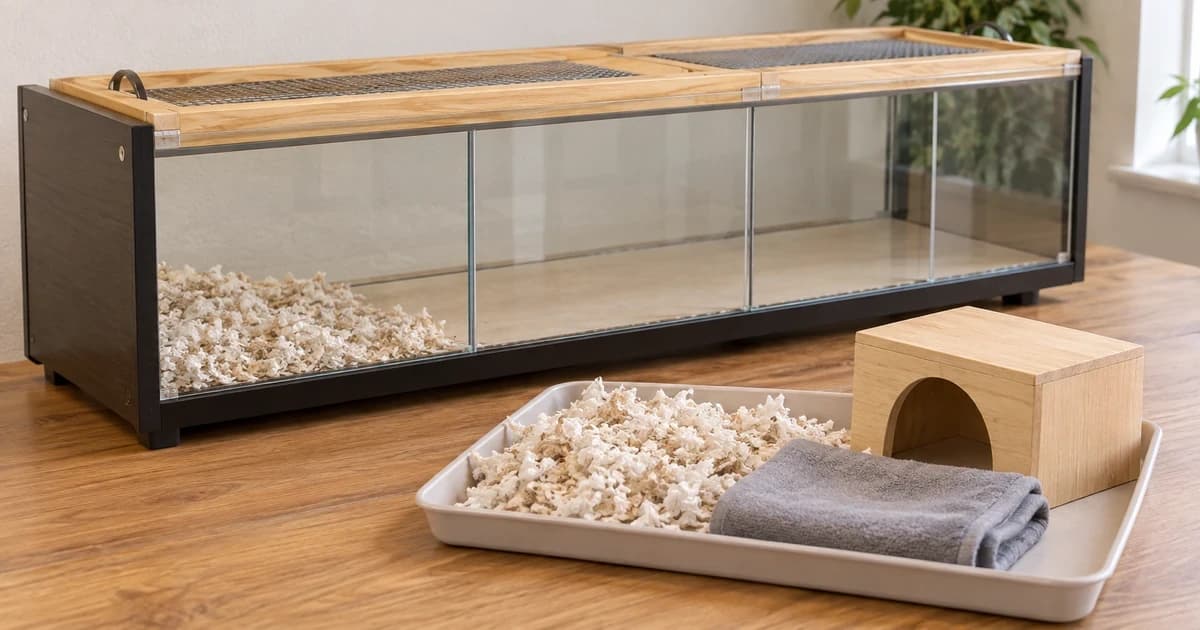 Empty generic glass-sided hamster habitat beside a tray of loose paper bedding, a plain cloth and a low wooden hide.