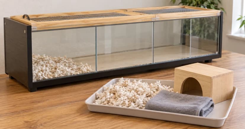 Empty generic glass-sided hamster habitat beside a tray of loose paper bedding, a plain cloth and a low wooden hide.