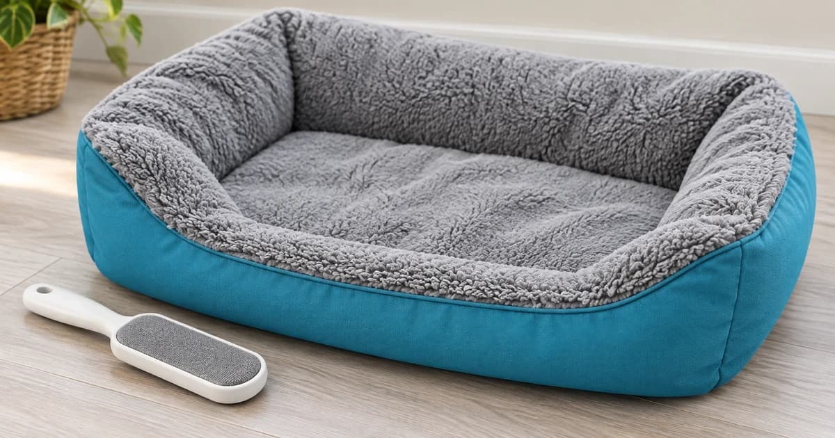 Empty generic gray and teal bolster dog bed with intact stitched cover seams and a dry lint brush beside it.