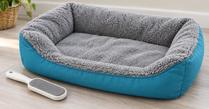 Empty generic gray and teal bolster dog bed with intact stitched cover seams and a dry lint brush beside it.