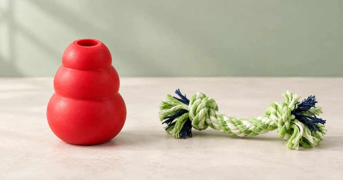 A red hollow tiered toy and a separate green and navy knotted rope on a pale floor.