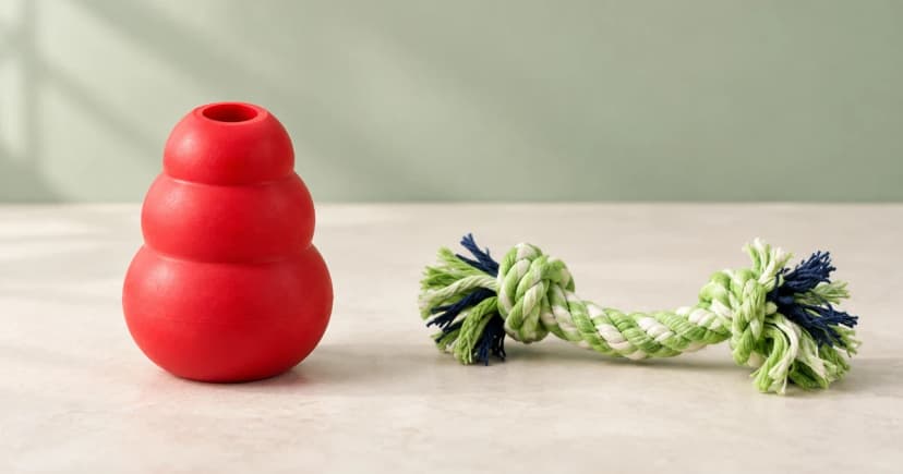 A red hollow tiered toy and a separate green and navy knotted rope on a pale floor.