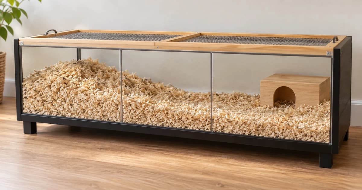 Long generic glass-sided hamster habitat with a mound of loose bedding and a low wooden hide beneath a mesh-covered top.