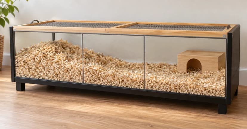 Long generic glass-sided hamster habitat with a mound of loose bedding and a low wooden hide beneath a mesh-covered top.