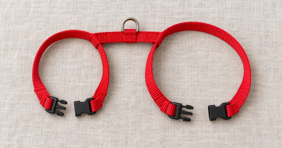 Generic red strap cat harness laid flat on a pale surface, with open buckles and a metal attachment ring.