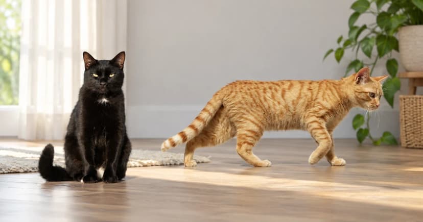 A black cat sits beside a separate orange tabby in a softly lit indoor scene, with their source collars removed.