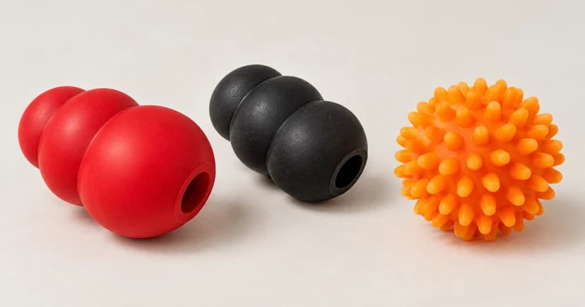 Red and black rounded stuffable toy forms sit beside an orange textured toy on a pale surface.