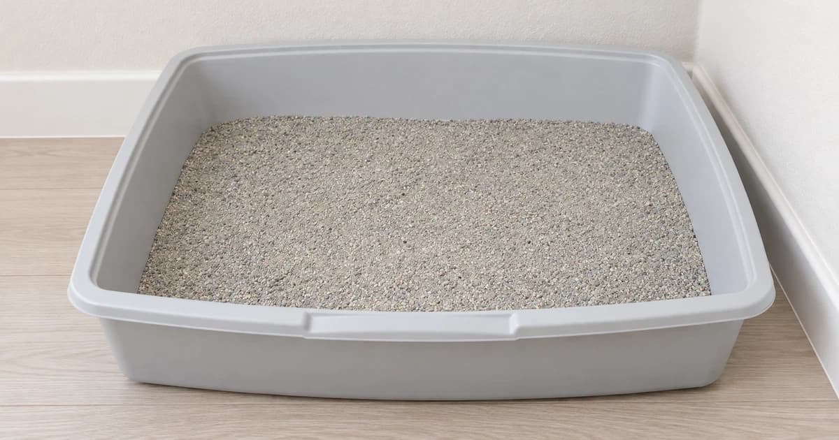 A light-gray open litter tray filled with pale granules sits on a plain indoor floor.