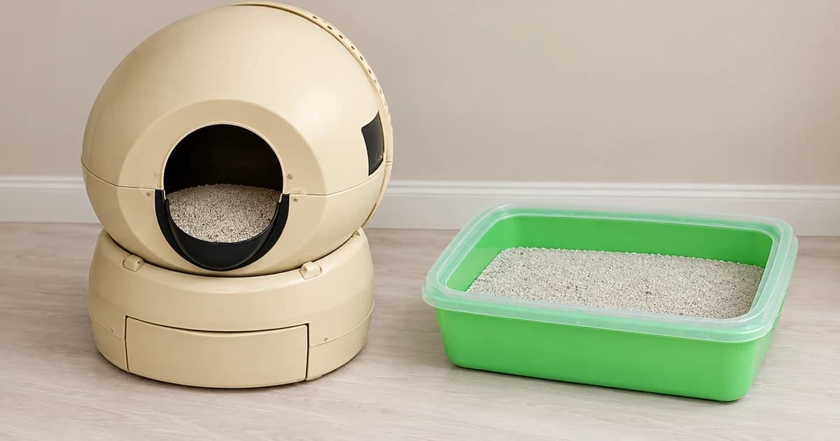 Edited illustration of beige round litter equipment beside a separate green open litter pan
