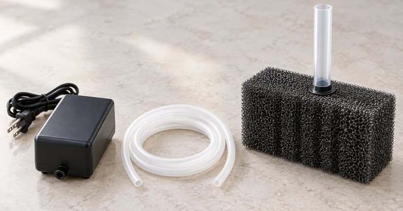 Generic sponge-filter block and lift tube beside a separate air pump and loose coiled airline on a dry tabletop.