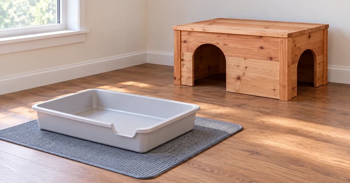 Generic shallow litter tray on an indoor floor near a low wooden shelter with open access around it.
