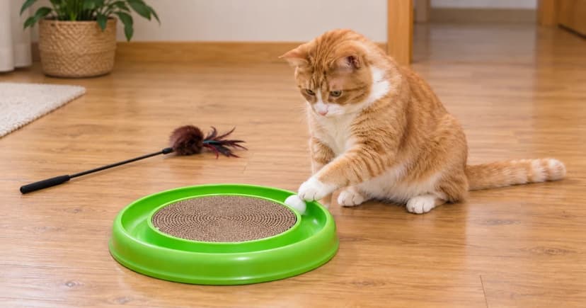 An orange-and-white cat reaches toward a ball in a green track, with a feather wand lying separately nearby.
