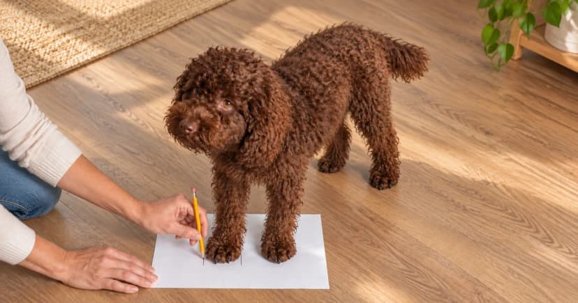 A person marks the width beside a standing brown dog’s front paw on paper.
