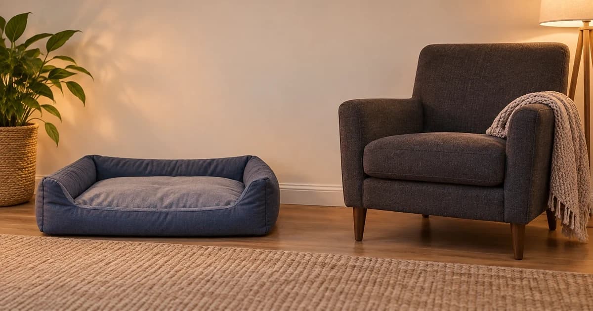 Edited illustration of an empty pet resting place beside an adult chair