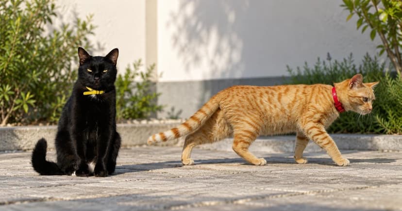 Photo-based edited illustration of a seated black cat and a separate walking orange tabby beside a plain house wall