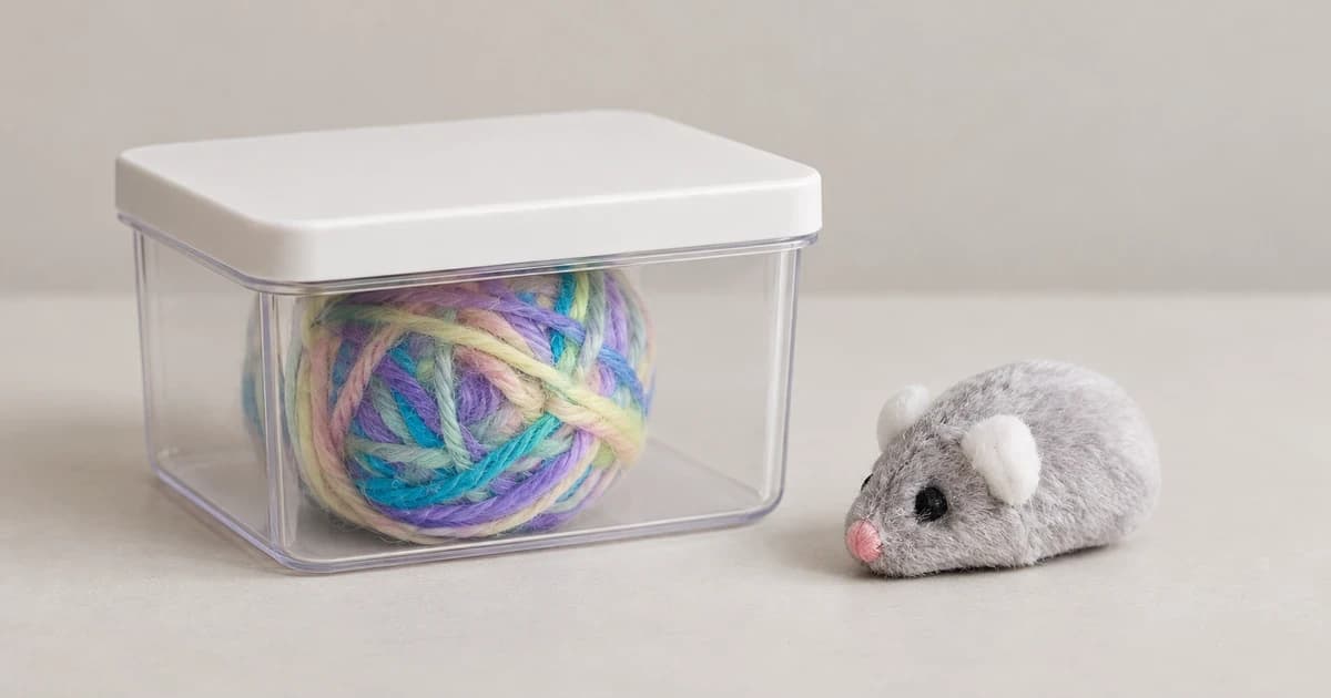A colorful yarn ball visible through a clear box with a solid white lid beside a separate pale plush toy mouse without a cord.