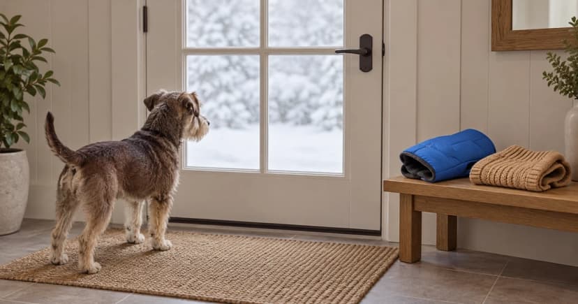 Edited indoor illustration of a dog near a closed winter-view door and unworn coats