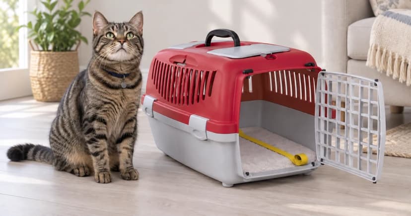 Open red and gray cat carrier with a thin floor pad and measuring tape beside a seated tabby cat.