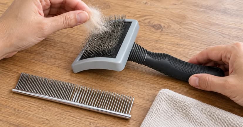 Hands lifting loose hair above a black-handled wire dog brush, with a metal comb on a dry tabletop.